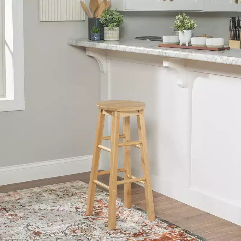 Tabourets de bar de cuisine classiques PJ Wood à siège rond de 74 cm de haut pour maisons, salles à manger et bars, avec sièges sans dossier, pieds carrés, naturels, lot de 2