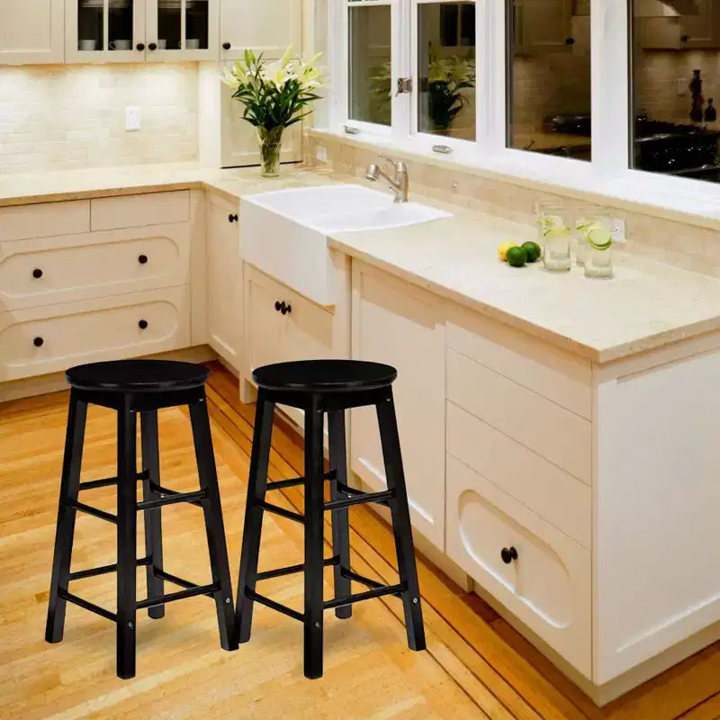 Tabourets de bar de cuisine classiques PJ Wood à siège rond de 74 cm de haut pour maisons, salles à manger et bars, avec sièges sans dossier, pieds carrés, naturels, lot de 2