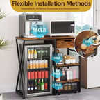 Support de mini-réfrigérateur à 3 niveaux avec prise de courant, panier de rangement et plateforme de travail coulissante - Étagère à micro-ondes/bar à café robuste pour dortoirs