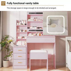 Coiffeuse avec miroir LED coulissant, 4 tiroirs, prise de courant, étagères de rangement, étagère ouverte, tabouret rembourré, meuble de maquillage pour chambre, rose