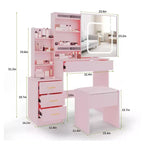 Coiffeuse avec miroir LED coulissant, 4 tiroirs, prise de courant, étagères de rangement, étagère ouverte, tabouret rembourré, meuble de maquillage pour chambre, rose