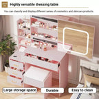 Coiffeuse avec miroir LED coulissant, 4 tiroirs, prise de courant, étagères de rangement, étagère ouverte, tabouret rembourré, meuble de maquillage pour chambre, rose