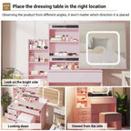 Coiffeuse avec miroir LED coulissant, 4 tiroirs, prise de courant, étagères de rangement, étagère ouverte, tabouret rembourré, meuble de maquillage pour chambre, rose