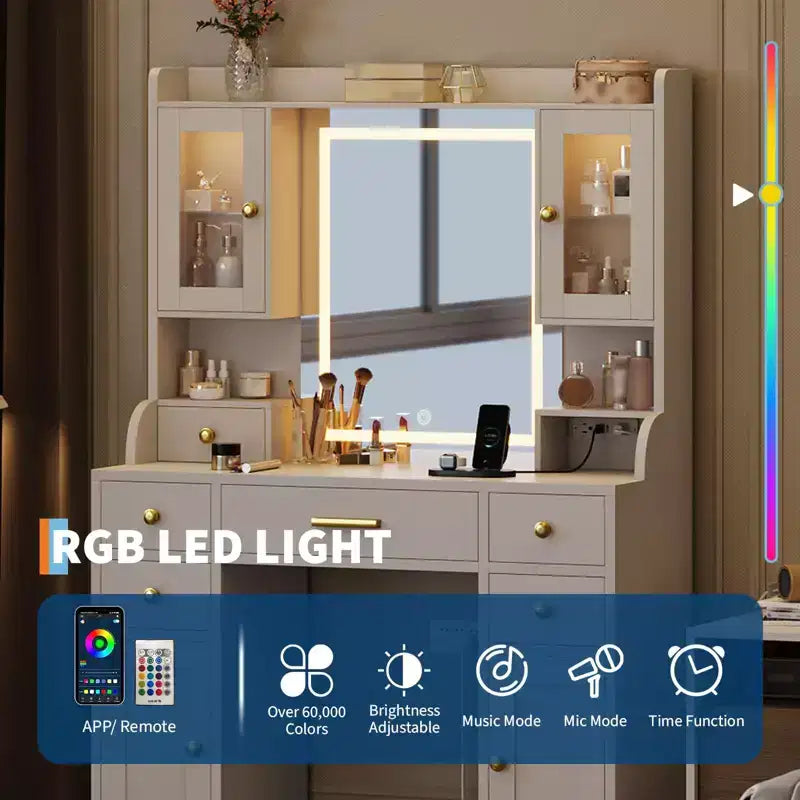 Coiffeuse avec station de charge et miroir LED, table de maquillage, 3 modes d'éclairage, 6 tiroirs, placard et étagères, blanc