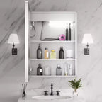 Armoire à pharmacie rectangulaire FAMYYT 20 po L x 28 po H en fer avec miroir, lumière DEL dimmable, fonction antibuée et prises - Entièrement assemblée
