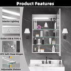 FAMYYT Armoire à pharmacie lumineuse en aluminium de 24 po L x 36 po H avec miroir, intensité variable, anti-buée, entièrement assemblée