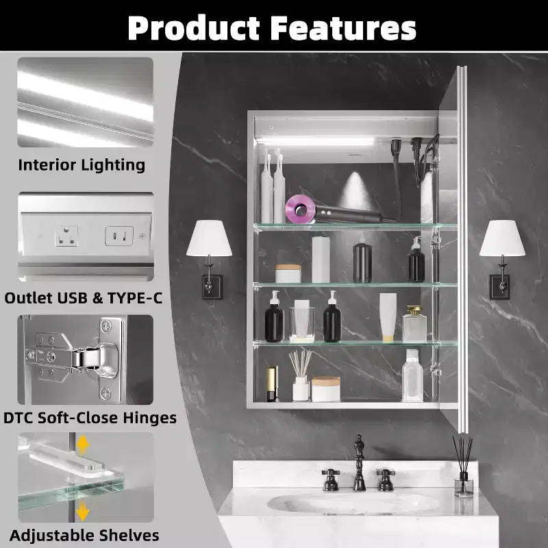 FAMYYT Armoire à pharmacie lumineuse en aluminium de 24 po L x 36 po H avec miroir, intensité variable, anti-buée, entièrement assemblée