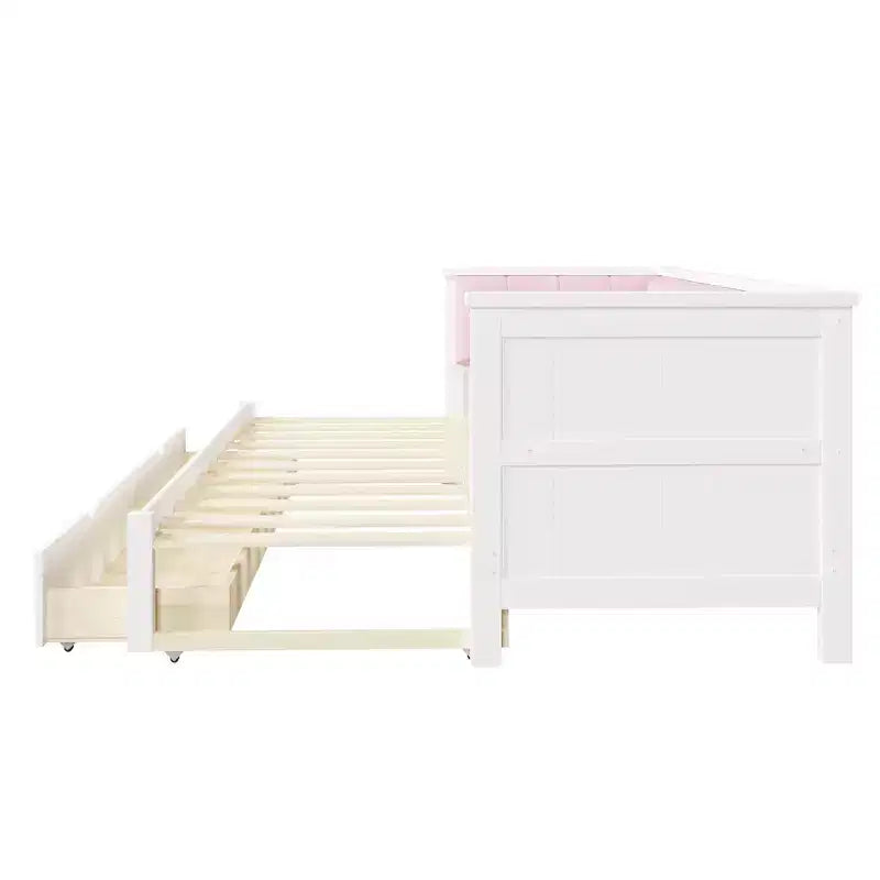 Lit de repos extensible ModernLuxe de taille jumeau XL à très grand lit avec 2 tiroirs, lit plateforme avec dossier rembourré et lit gigogne, blanc+rose