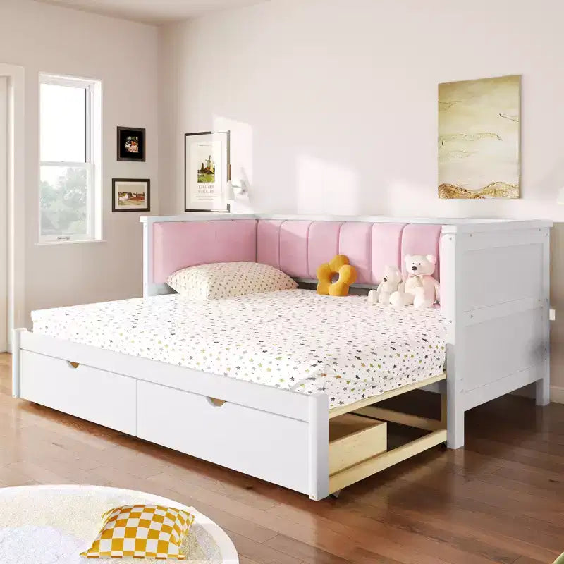 Lit de repos extensible ModernLuxe de taille jumeau XL à très grand lit avec 2 tiroirs, lit plateforme avec dossier rembourré et lit gigogne, blanc+rose
