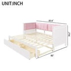 Lit de repos extensible ModernLuxe de taille jumeau XL à très grand lit avec 2 tiroirs, lit plateforme avec dossier rembourré et lit gigogne, blanc+rose