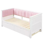 Lit de repos extensible ModernLuxe de taille jumeau XL à très grand lit avec 2 tiroirs, lit plateforme avec dossier rembourré et lit gigogne, blanc+rose