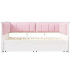 Lit de repos extensible ModernLuxe de taille jumeau XL à très grand lit avec 2 tiroirs, lit plateforme avec dossier rembourré et lit gigogne, blanc+rose