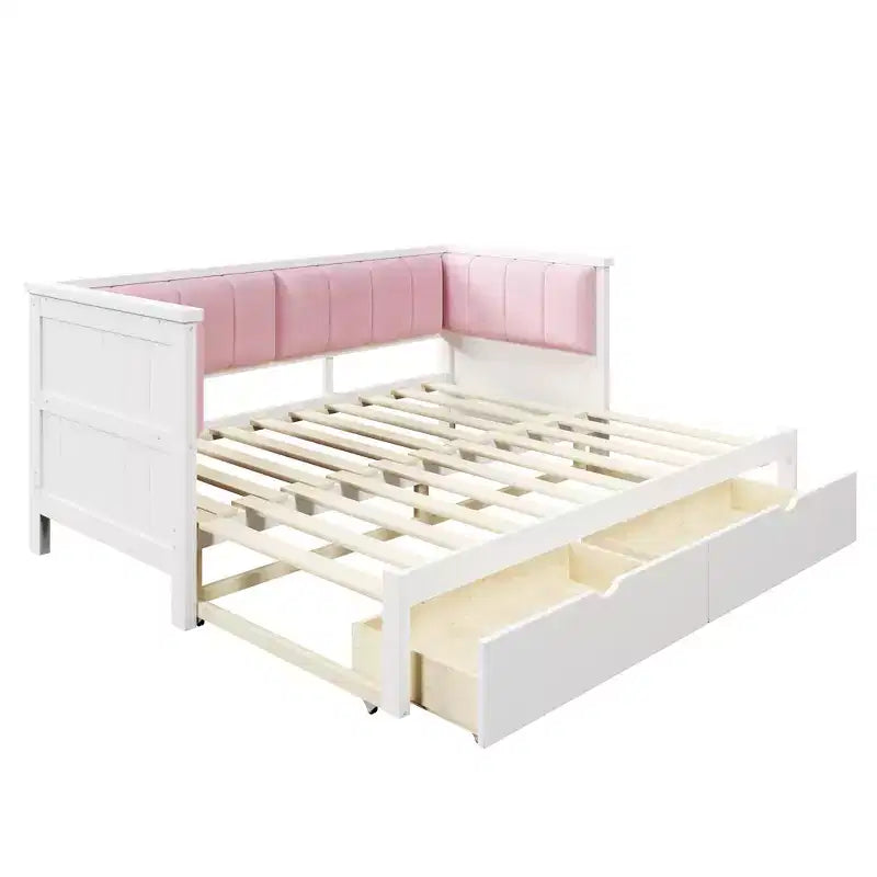 Lit de repos extensible ModernLuxe de taille jumeau XL à très grand lit avec 2 tiroirs, lit plateforme avec dossier rembourré et lit gigogne, blanc+rose