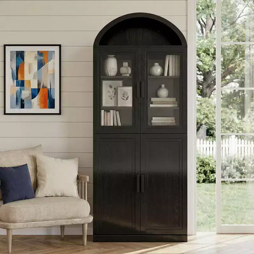 Arched Display Cabinet Freestanding with Glass Doors & Adjustable Shelves Wood Storage Curio Cabinet for Living Room Home Office Dining Room