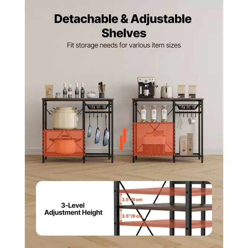 Étagère de Cuisine VEVOR, Étagère de Boulangerie de 35,4 Pouces de Large, Support de Cuisine avec Barre de Soutien en X, 5 Crochets en S, Étagère de Rangement Multi-Niveaux, Noir et Marron