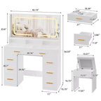Coiffeuse 42 po avec miroir lumineux à DEL et prise de courant - Table de maquillage moderne avec 8 tiroirs, plateau en verre, tabouret rembourré et support pour sèche-cheveux