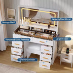 Coiffeuse 42 po avec miroir lumineux à DEL et prise de courant - Table de maquillage moderne avec 8 tiroirs, plateau en verre, tabouret rembourré et support pour sèche-cheveux