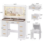 Coiffeuse 42 po avec miroir lumineux à DEL et prise de courant - Table de maquillage moderne avec 8 tiroirs, plateau en verre, tabouret rembourré et support pour sèche-cheveux