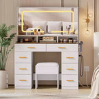 Coiffeuse 42 po avec miroir lumineux à DEL et prise de courant - Table de maquillage moderne avec 8 tiroirs, plateau en verre, tabouret rembourré et support pour sèche-cheveux