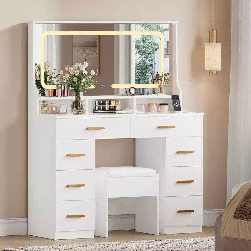 Coiffeuse 42 po avec miroir lumineux à DEL et prise de courant - Table de maquillage moderne avec 8 tiroirs, plateau en verre, tabouret rembourré et support pour sèche-cheveux