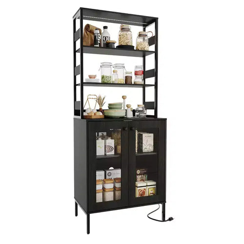67 Tall Coffee Bar Cabinet with Music-Sync RGB LED Lights & Power Outlet - Kitchen Baker's Rack with Glass Doors & Adjustable Shelves
