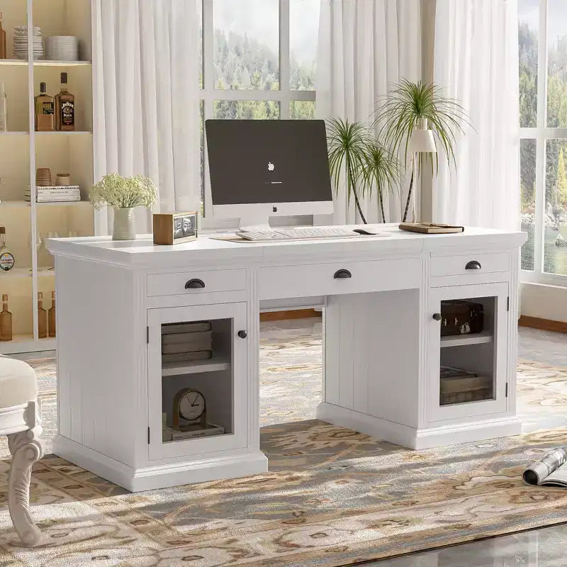 67 Modern Executive Desk with Drawers & Cabinet, Home Office Computer Desk with USB Ports, Writing Table Workstation, White - ModernLuxe
