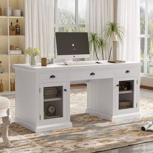 67 Modern Executive Desk with Drawers & Cabinet, Home Office Computer Desk with USB Ports, Writing Table Workstation, White - ModernLuxe