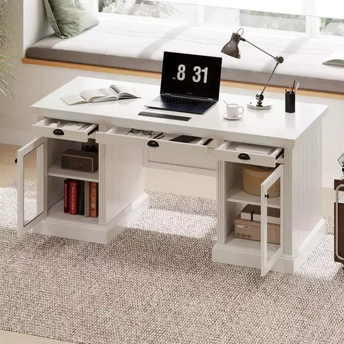 67 Bureau de direction moderne avec tiroirs et armoire, bureau d'ordinateur de bureau avec ports USB, poste de travail, blanc - ModernLuxe