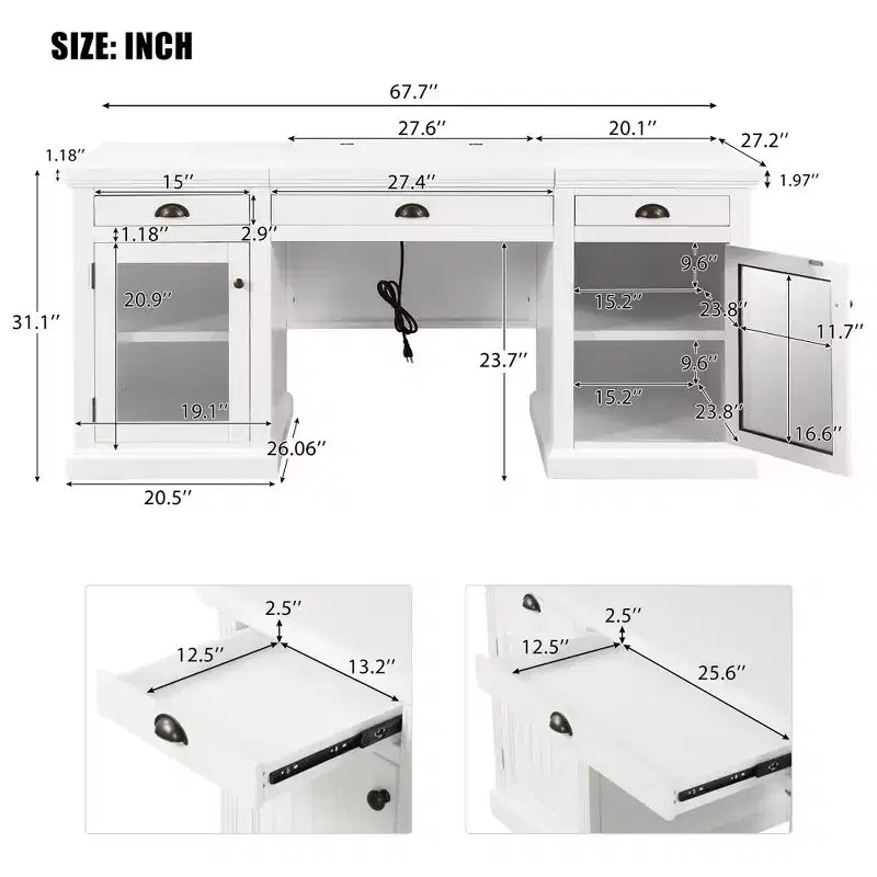 67 Bureau de direction moderne avec tiroirs et armoire, bureau d'ordinateur de bureau avec ports USB, poste de travail, blanc - ModernLuxe