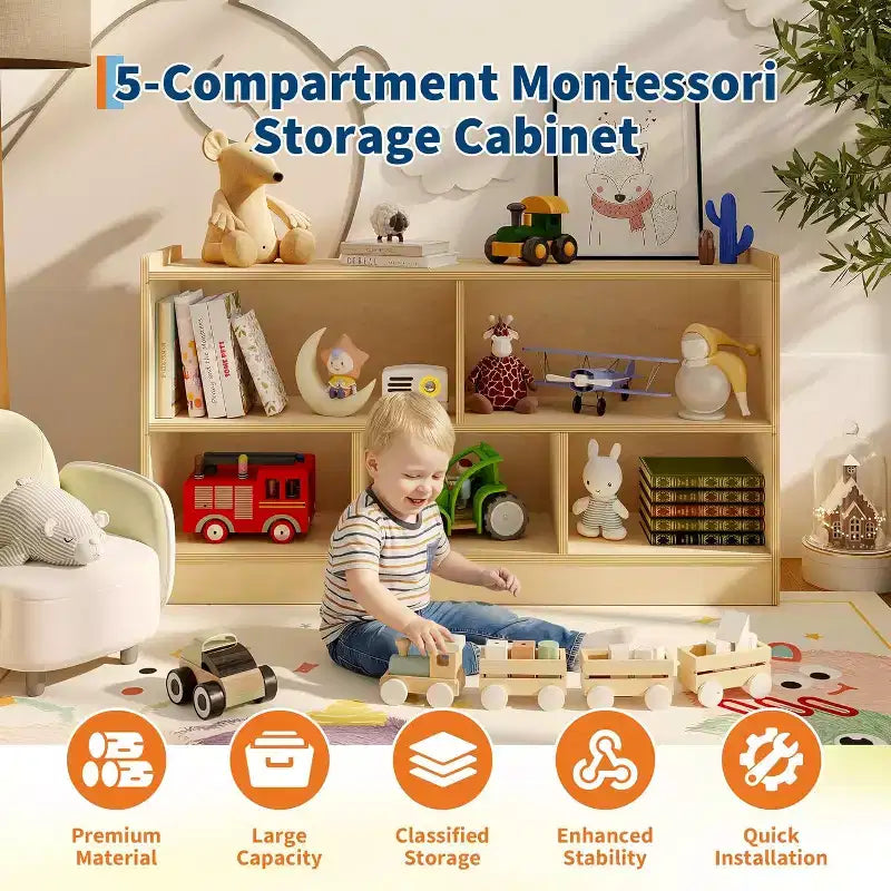 Étagère en bois à 5 sections et 2 niveaux, étagère ouverte pour livres d'enfants, organisateur de jouets, pour la maison, le salon