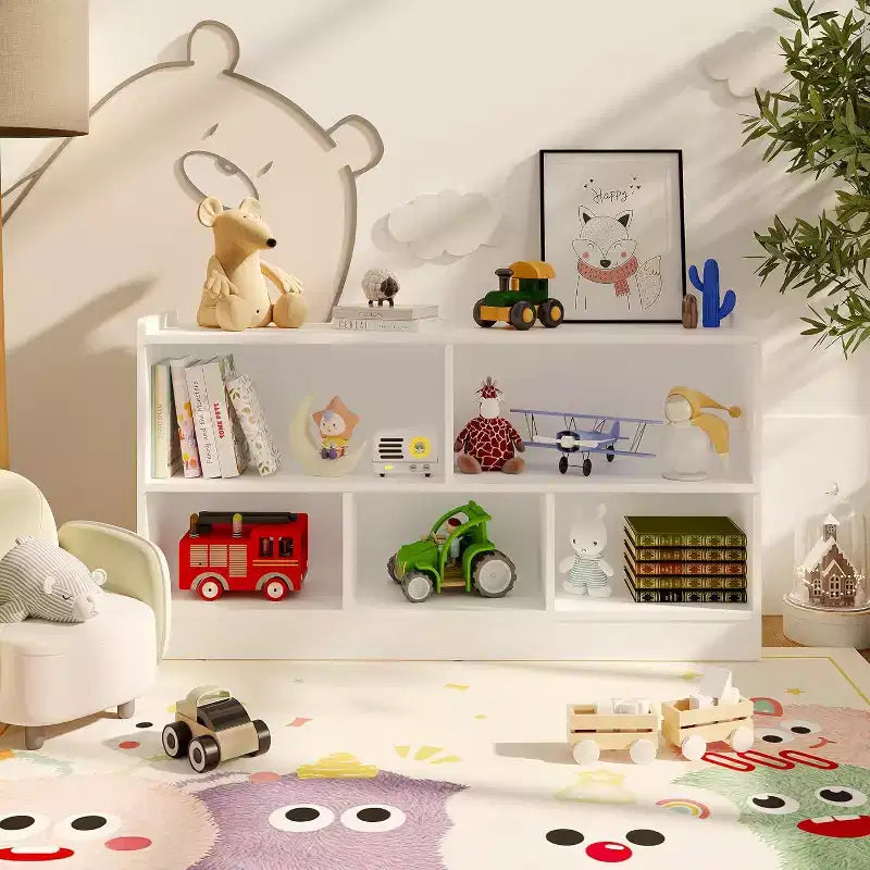 Étagère en bois à 5 sections et 2 niveaux, étagère ouverte pour livres d'enfants, organisateur de jouets, pour la maison, le salon