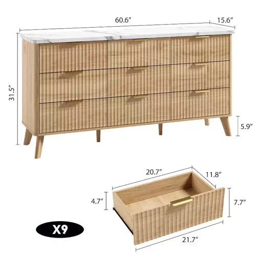 Commode cannelée à 9 tiroirs, commode moderne, meuble TV en bois, design à profil incurvé, pour salon, couloir