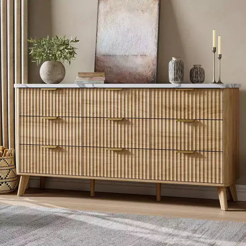 9 Drawers Fluted Dresser, Modern Chest, Wooden Dresser TV Stand, Curved Profile Design, for Living Room, Hallway