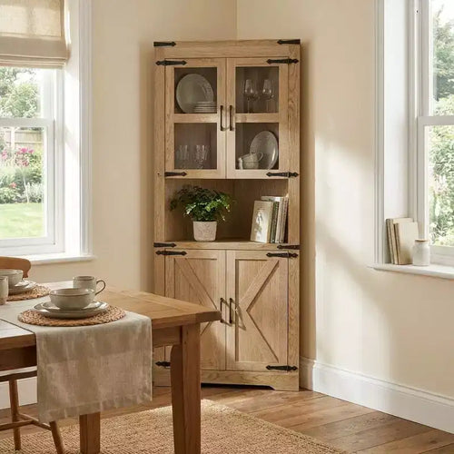 Meuble d'angle haut de 175 cm, Meuble de rangement d'angle style ferme, Rangement peu encombrant, Porte vitrée, Étagères réglables, pour Salon, Cuisine