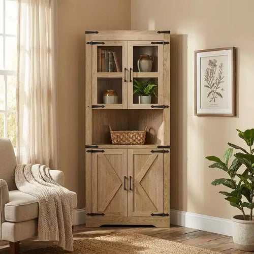 69 Tall Corner Cabinet, Farmhouse Corner Storage Cabinet, Space Saving Storage, Glass Door, Adjustable Shelves, for Living Room, Kitchen