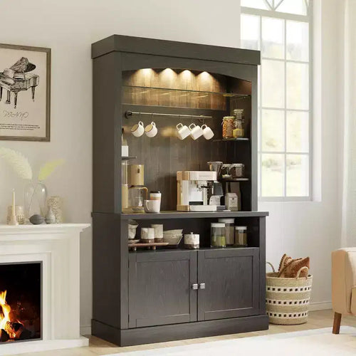 Meuble de bar à café 72" style ferme avec éclairage LED - Grand buffet avec porte-bouteilles et étagère en verre, support pour micro-ondes, garde-manger pour cuisine/salle à manger