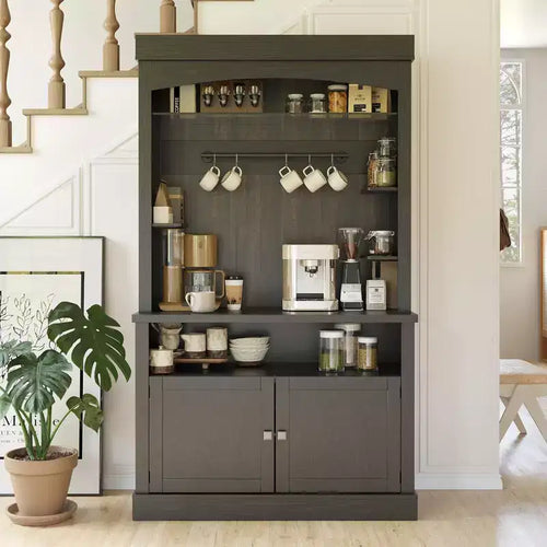 72 Farmhouse Coffee Bar Cabinet with LED Lighting - Tall Buffet Sideboard with Wine Rack & Glass Shelf, Microwave Stand, Pantry for Kitchen/Dining
