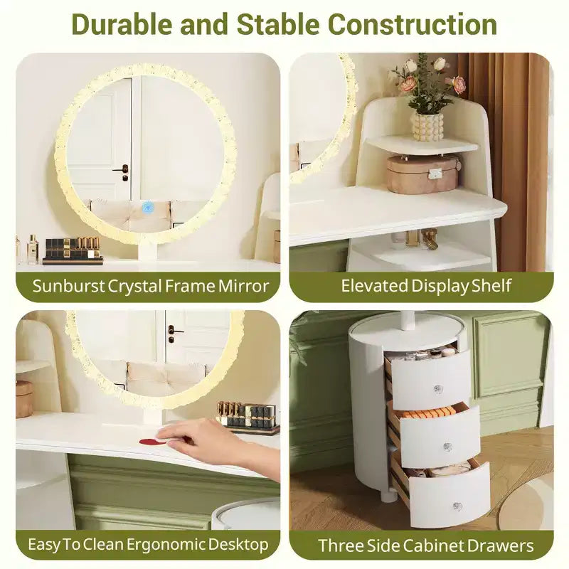 Coiffeuse d'angle de luxe avec miroir rond et lumières, meuble de rangement pour chambre, finition naturelle, éclairage à intensité variable