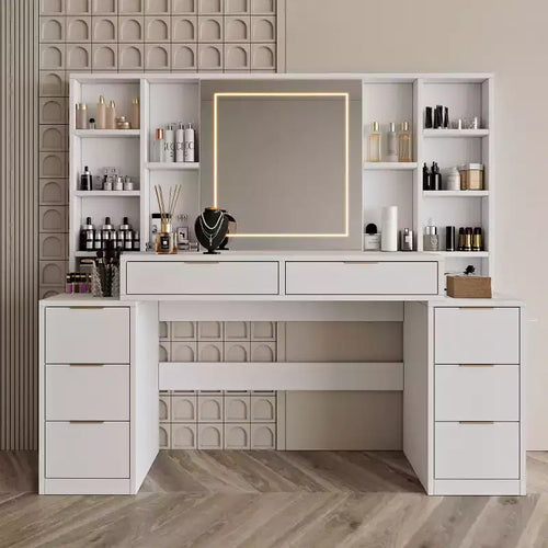 Coiffeuse de maquillage de 150 cm avec miroir éclairé, 8 tiroirs, étagères ouvertes pour chambres de filles, éclairage dimmable, design peu encombrant