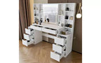 Coiffeuse de maquillage de 150 cm avec miroir éclairé, 8 tiroirs, étagères ouvertes pour chambres de filles, éclairage dimmable, design peu encombrant
