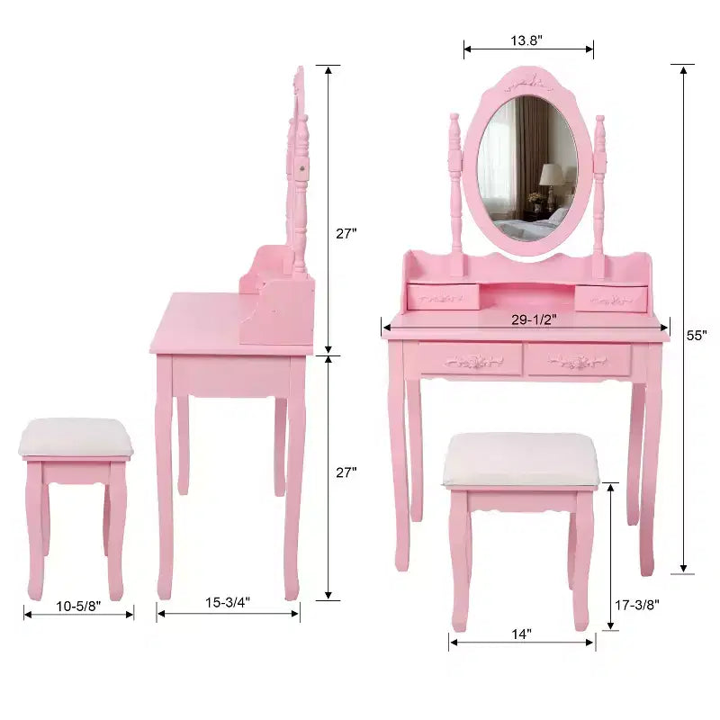 Coiffeuse moderne avec miroir, 4 tiroirs, tabouret assorti pour chambres de filles, finition rose, design peu encombrant