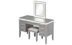 Coiffeuse moderne de 122 cm avec miroir éclairé, 7 tiroirs, tabouret assorti pour chambre à coucher, finition gris-bleu, éclairage dimmable