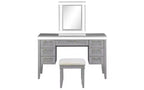 Coiffeuse moderne de 122 cm avec miroir éclairé, 7 tiroirs, tabouret assorti pour chambre à coucher, finition gris-bleu, éclairage dimmable