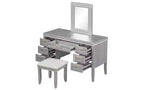 Coiffeuse moderne de 122 cm avec miroir éclairé, 7 tiroirs, tabouret assorti pour chambre à coucher, finition gris-bleu, éclairage dimmable