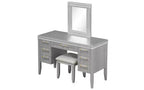 Coiffeuse moderne de 122 cm avec miroir éclairé, 7 tiroirs, tabouret assorti pour chambre à coucher, finition gris-bleu, éclairage dimmable