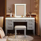 Coiffeuse moderne de 122 cm avec miroir éclairé, 7 tiroirs, tabouret assorti pour chambre à coucher, finition gris-bleu, éclairage dimmable