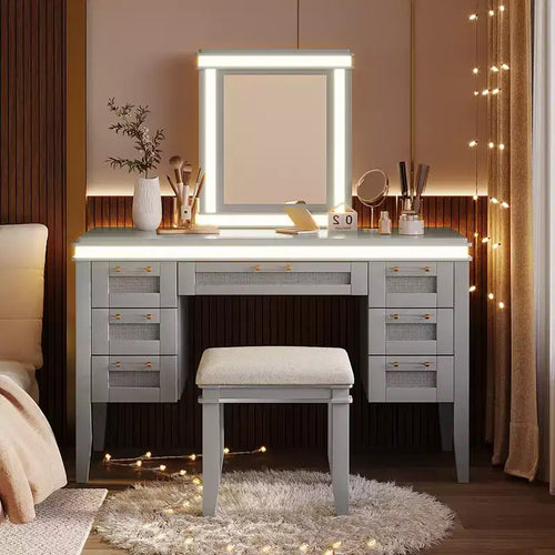 Coiffeuse moderne de 122 cm avec miroir éclairé, 7 tiroirs, tabouret assorti pour chambre à coucher, finition gris-bleu, éclairage dimmable