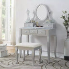 Coiffeuse contemporaine avec miroir, 5 tiroirs, tabouret assorti pour chambre, finition blanche, design peu encombrant