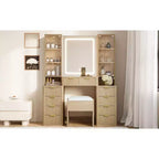 Coiffeuse contemporaine avec miroir, 5 tiroirs, tabouret assorti pour chambre, finition blanche, design peu encombrant