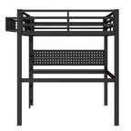 Lit mezzanine en métal Bellemave avec bureau et panneau perforé, horloge et station de charge intégrées, panier de rangement, cadre moderne peu encombrant, tailles Twin XL et Full